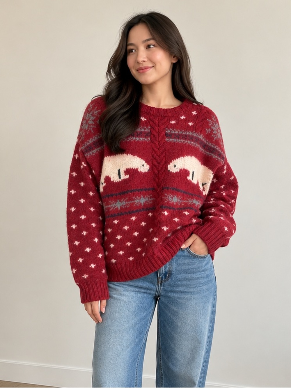 Vintage 100% Wool Cable-Knit Sweater Chaps Ralph Lauren Red Polar Bear Christmas